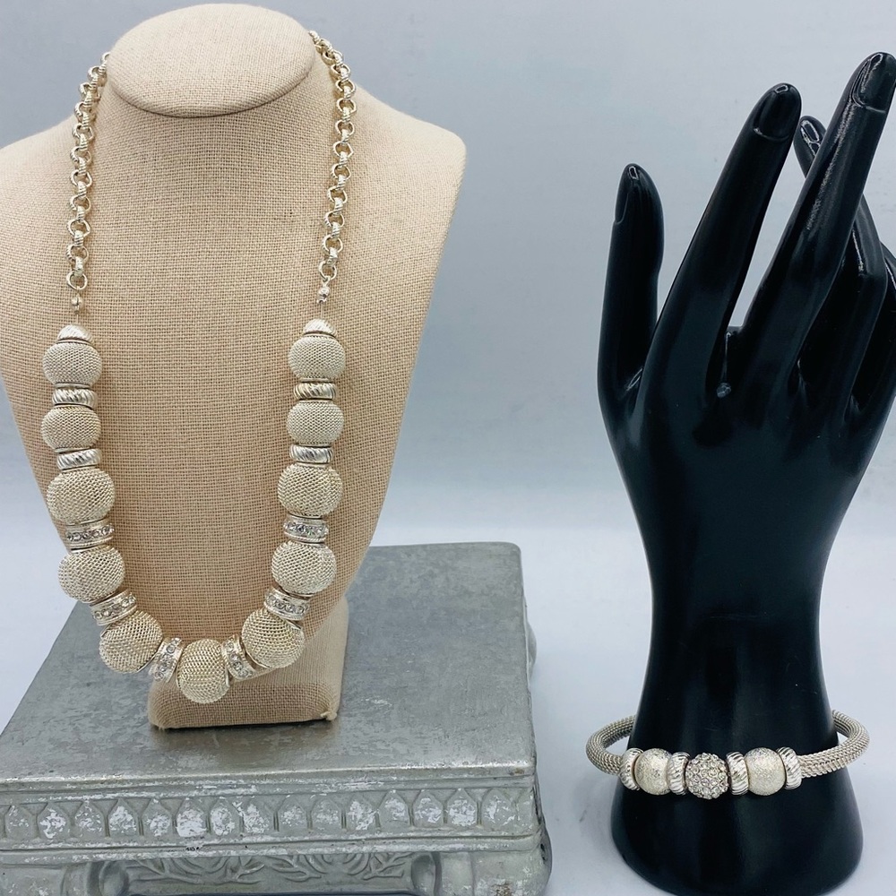 Vintage Trifari Silver Mesh & Textured Bead Rhinestone Necklace & Bracelet Set